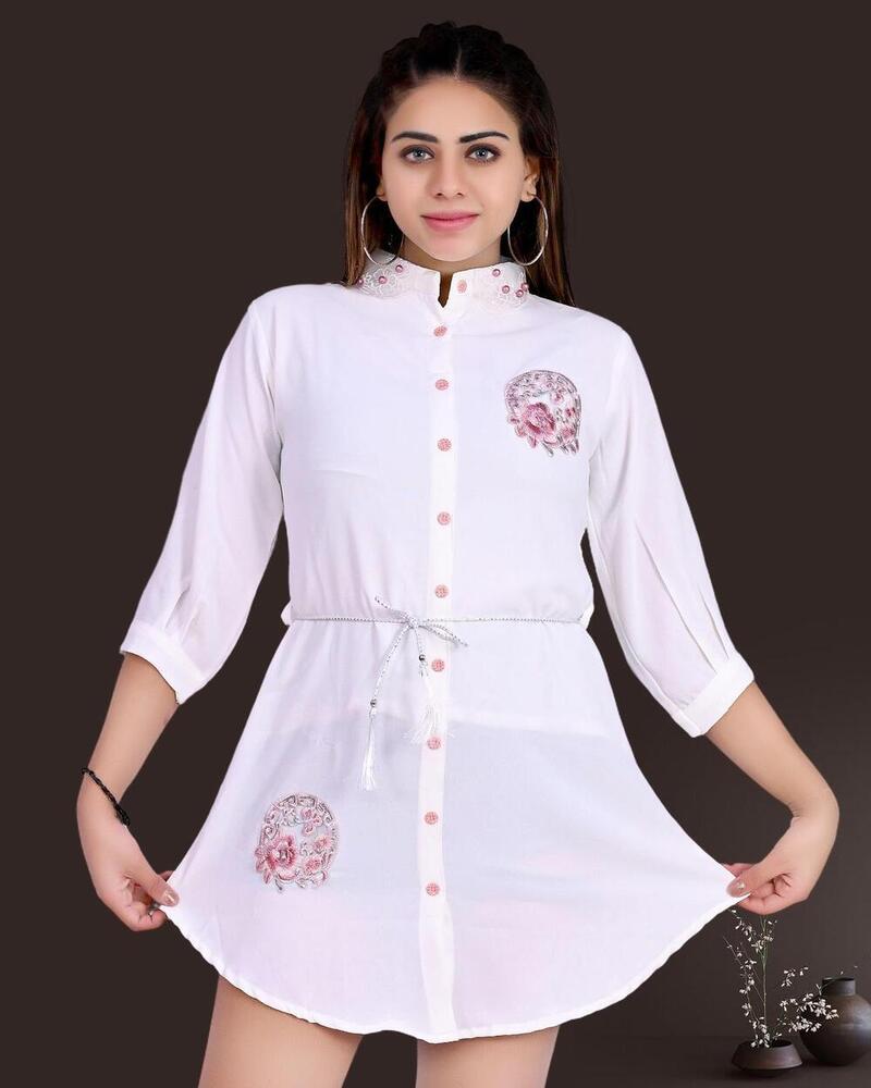 White Long Kurta Style Top With Patch And Collar