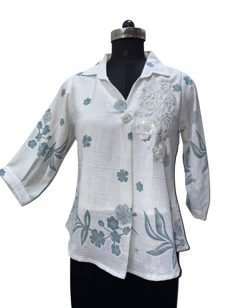 Ladies Off White Open Front Printed Top