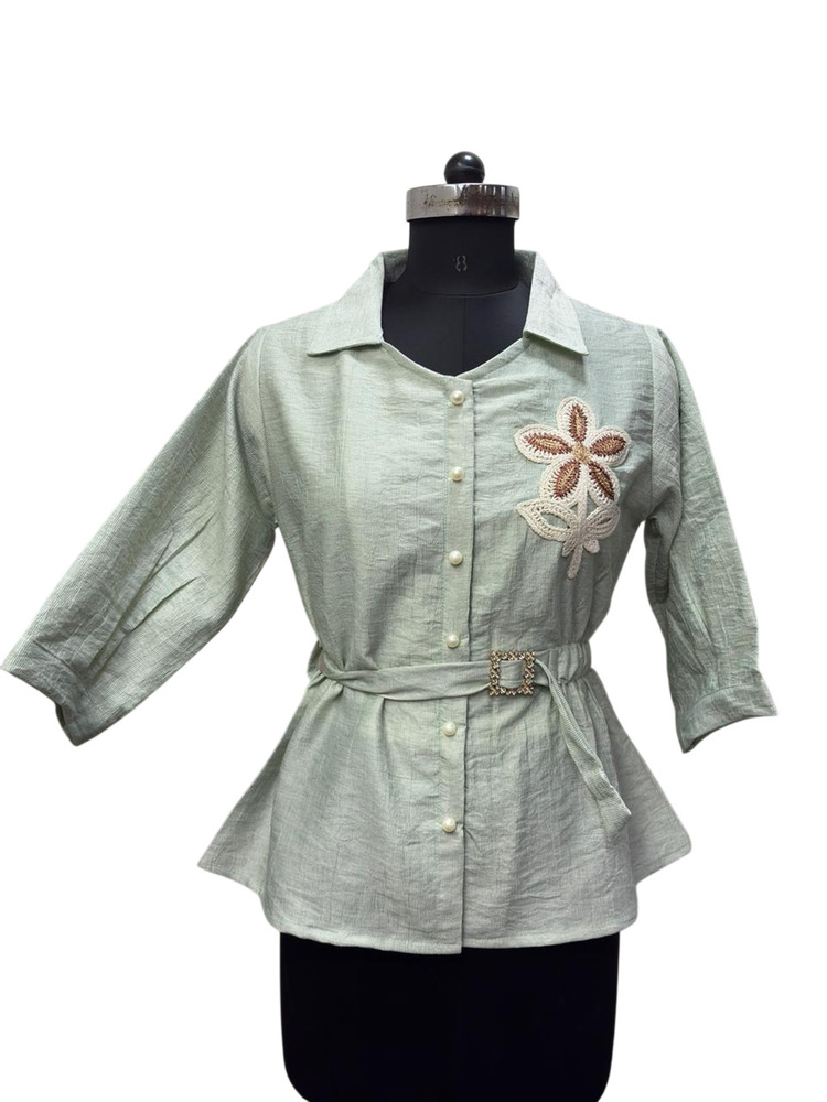 Ladies Light Green Linen Embroidered Shirt