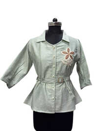 Ladies Light Green Linen Embroidered Shirt - Collar Style: Standard