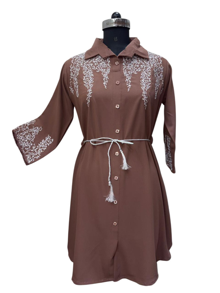 Brown Thread Embroidered Belted Mini Dress