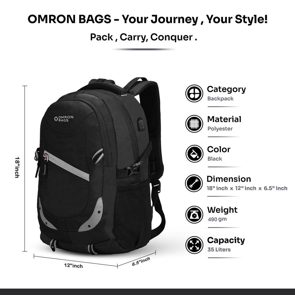 Smart Laptop Backpack, Water-Resistant with USB Charging Port, Office & College Backpack for Men and Women, Daily Use (Black)