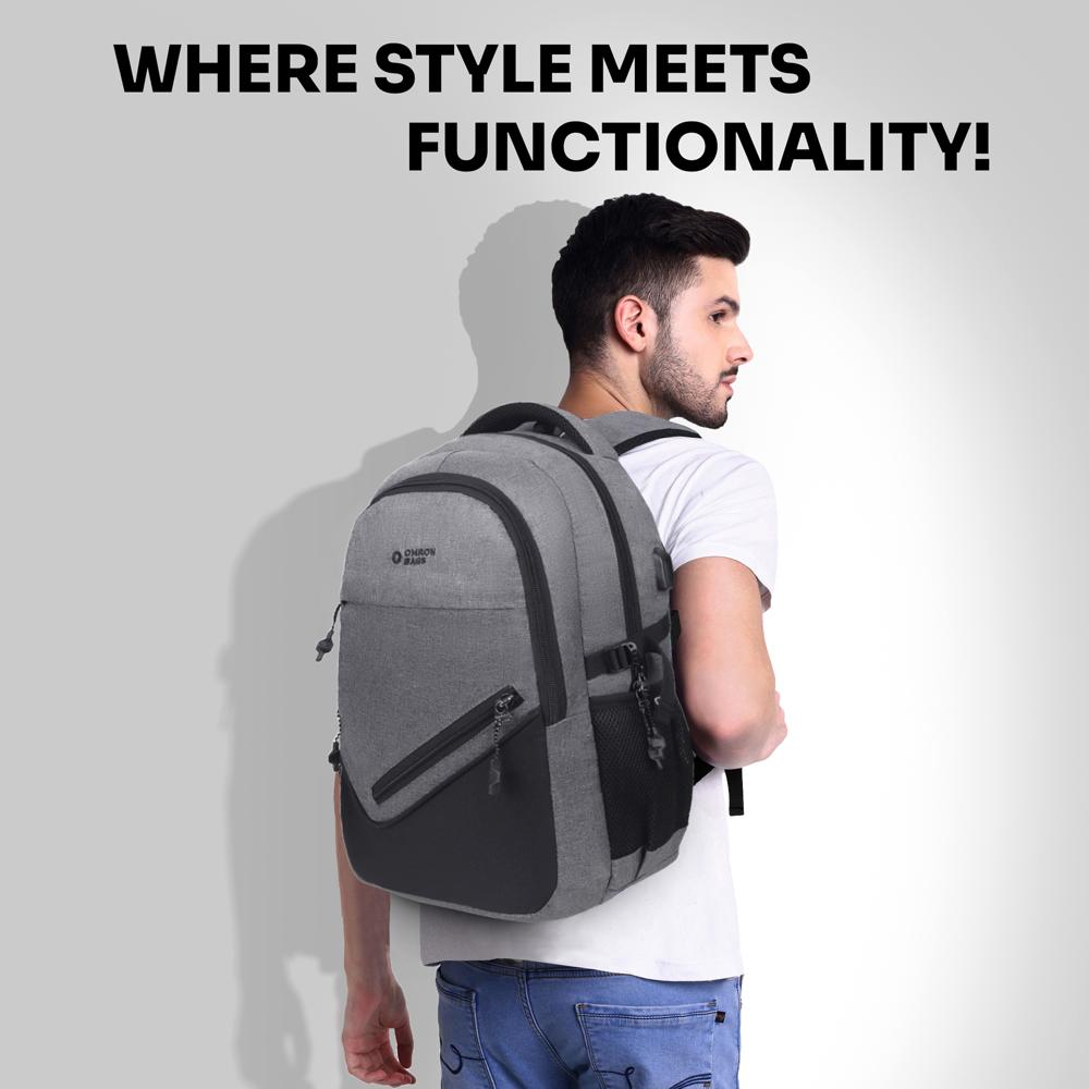 Smart Travel Backpack - 30l Capacity, Grey & Black Polyester, Customizable Color | Padded Straps, Zipper Closure, Multiple Compartments