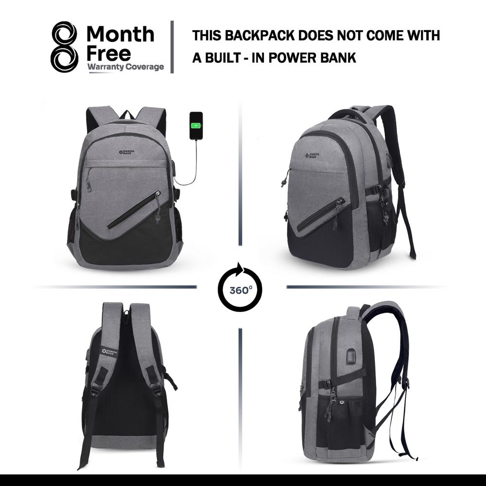 Smart Travel Backpack - 30l Capacity, Grey & Black Polyester, Customizable Color | Padded Straps, Zipper Closure, Multiple Compartments