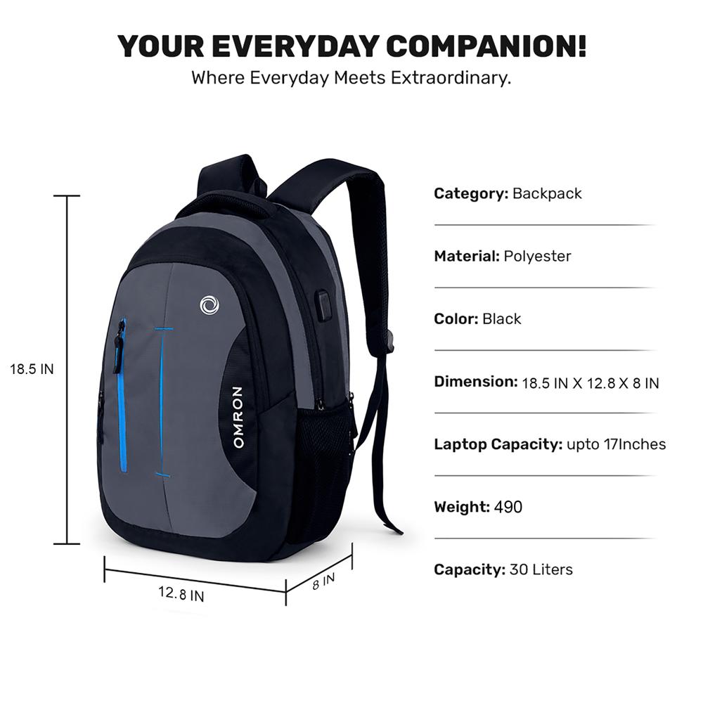 Laptop Backpack with USB Charging Port Water-Resistant Office College School & Travel Bag for Men & Women Black 30L