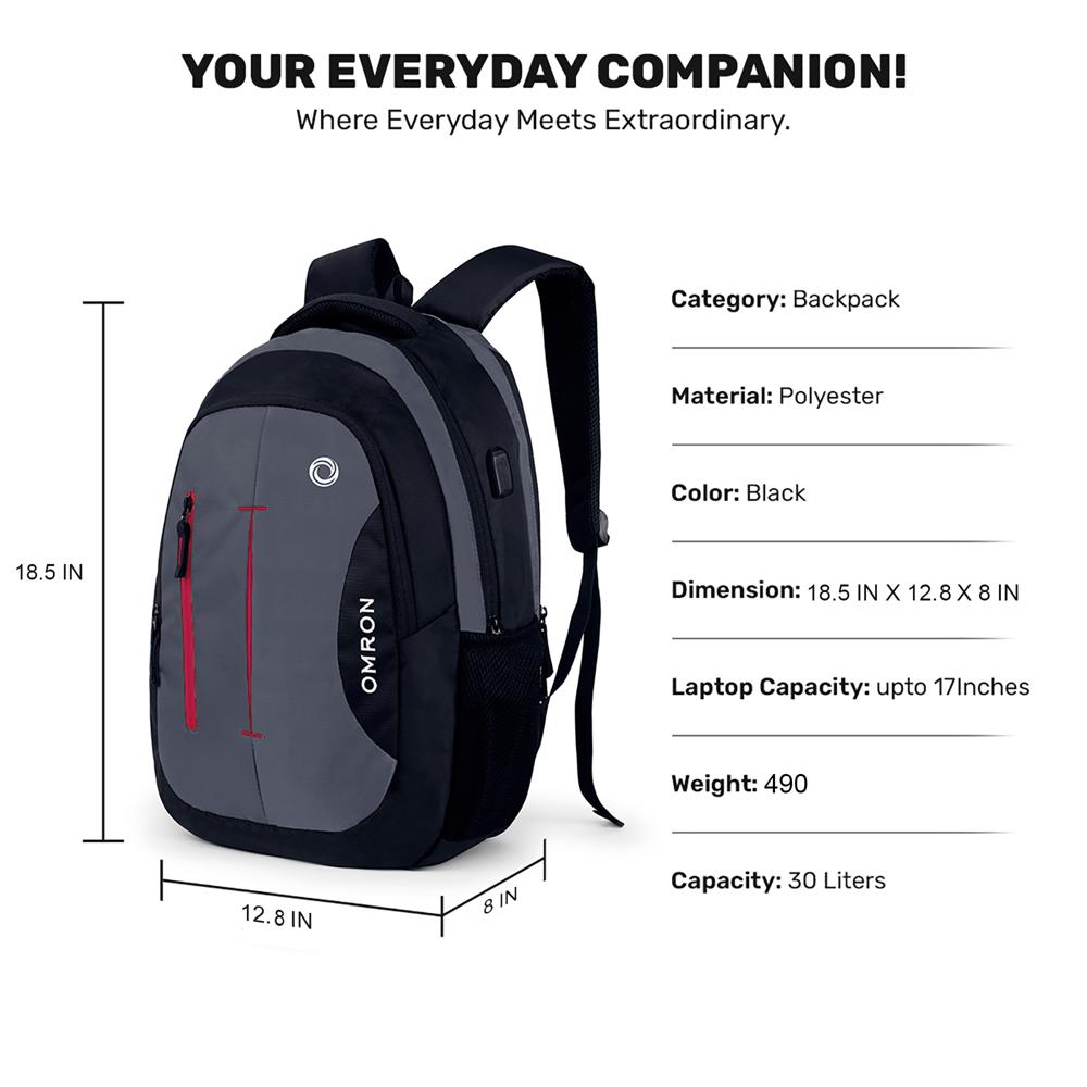 Laptop Backpack with USB Charging Port | Water-Resistant Office College School & Travel Bag for Men & Women | Black | 30L
