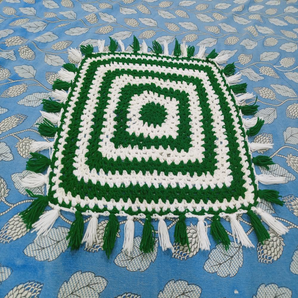 Green And White Hand Made Crochet Thal Posh / Pooja Thali Cover / Showpieces - Dimension (l*w*h): 50*50*1  Centimeter (cm)