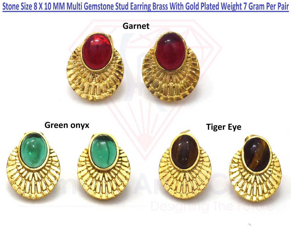 Brass With 18k Gold Plated Multi Gemstone Stud Earring With Oval Shape