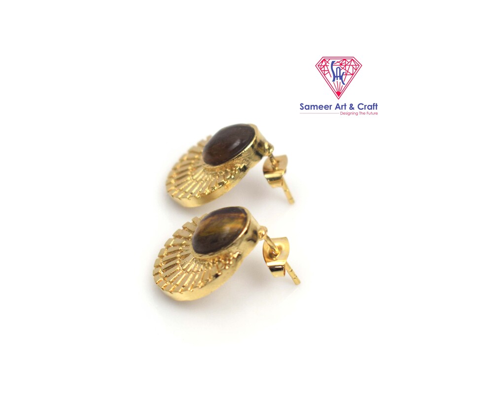 Brass With 18k Gold Plated Multi Gemstone Stud Earring With Oval Shape