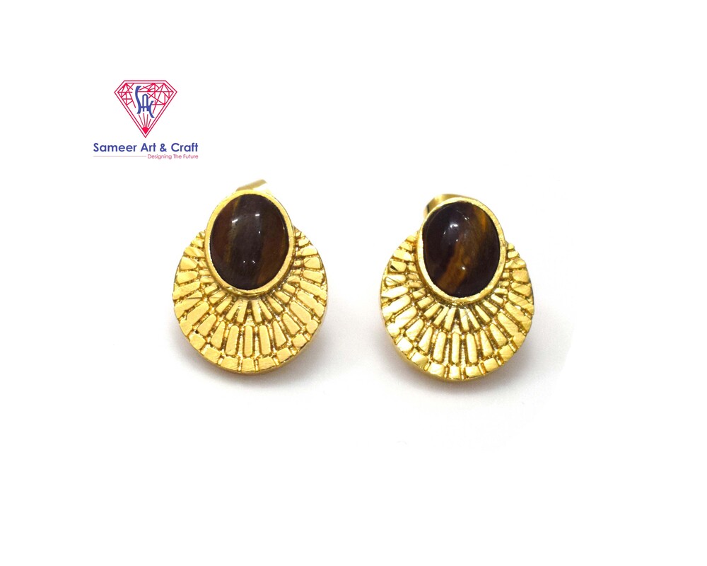 Brass With 18k Gold Plated Multi Gemstone Stud Earring With Oval Shape