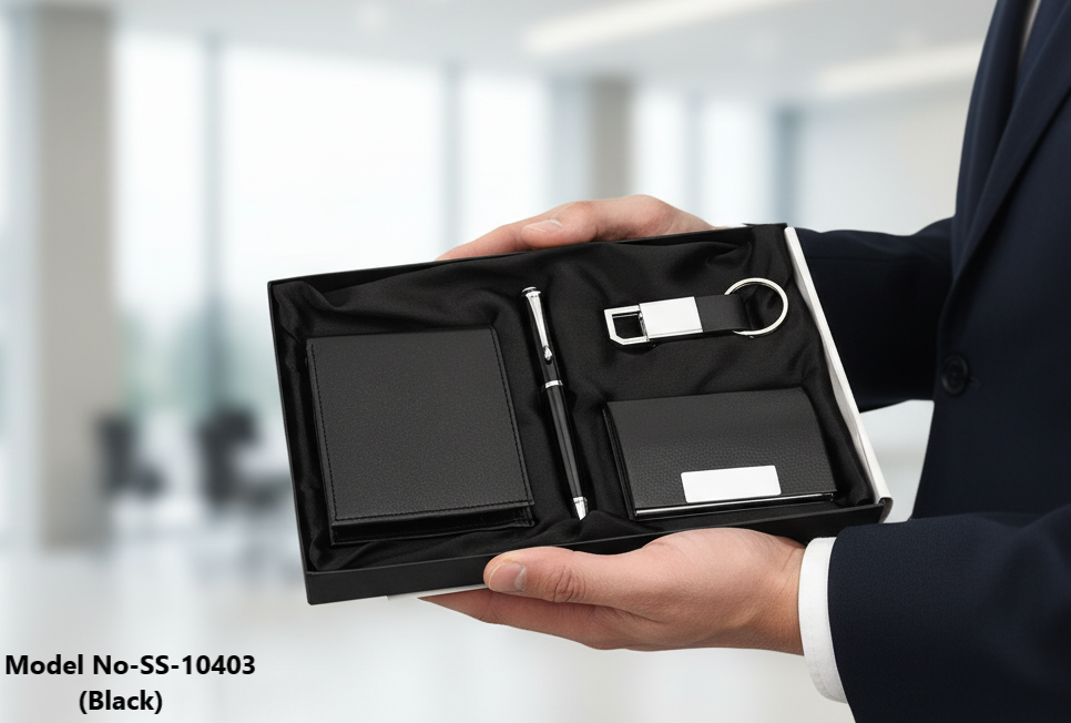 Executive 4-in-1 Textured Leatherette Gift Set: Wallet, Card Case, Pen & Keychain (SS-10403)