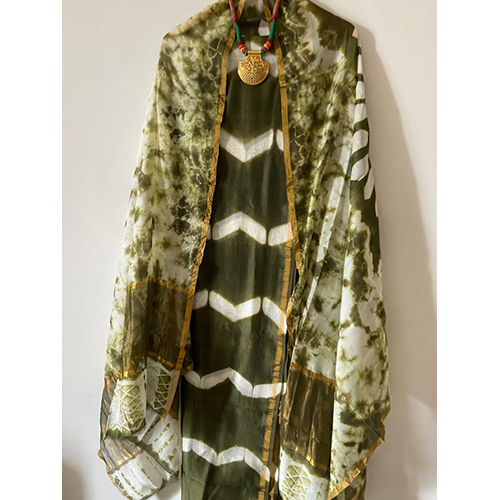 Green Printed Hand Dyed Shibori Marsidi Silk Fabric Suit