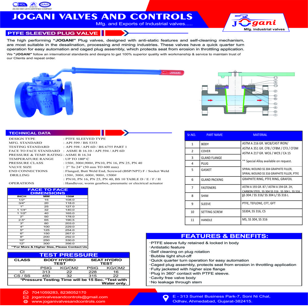 Industrial Ptfe Lined Plug Valve - Application: Water