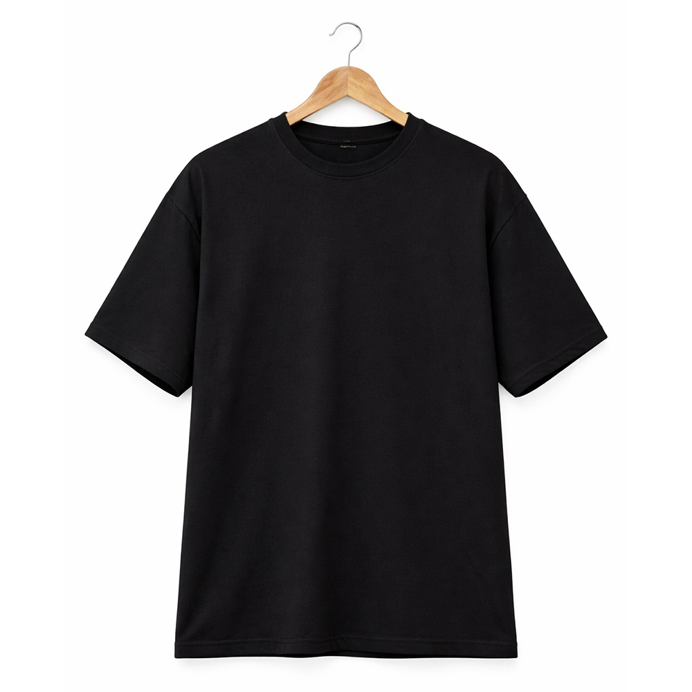 Oversized Round Neck Cotton T-Shirt - Color: Black