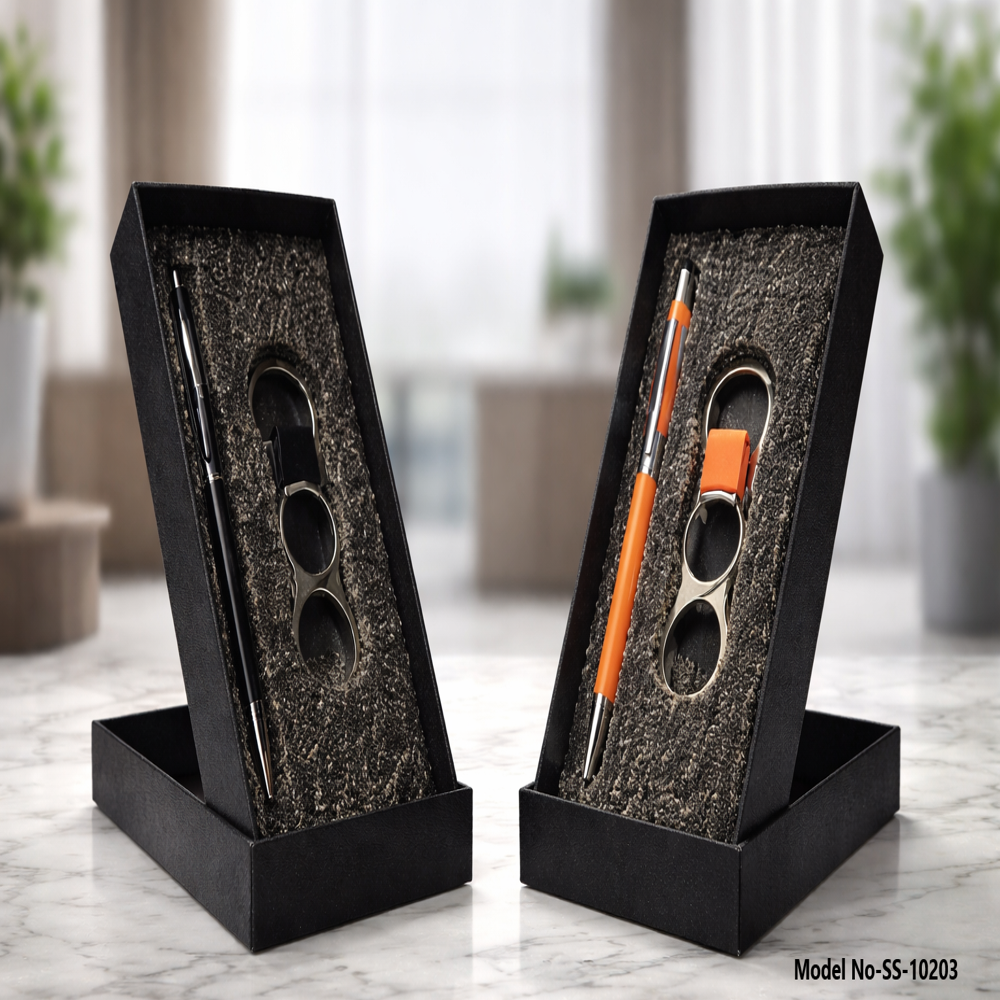 Premium Heavy Hook Metal Keychain & Metal Ball Pen Gift Set For Corporate Gifting (ss-10203) - Color: Classic Black