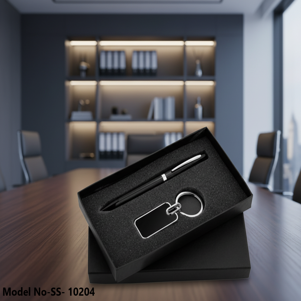 (ss-10204) Personalized Ball Pen & Key Chain Gift Set - Color: Black