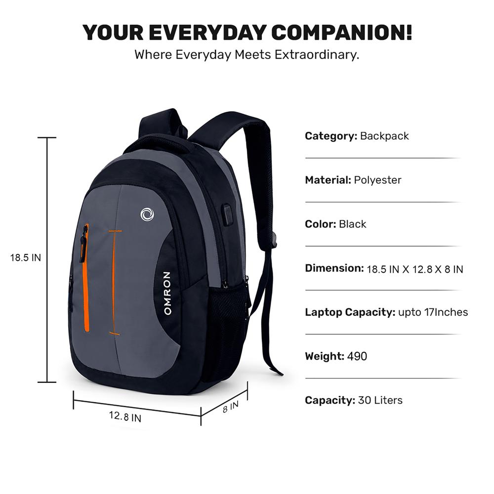 Laptop Backpack with USB Charging Port | Water-Resistant Office College School & Travel Bag for Men & Women | Black | 30L