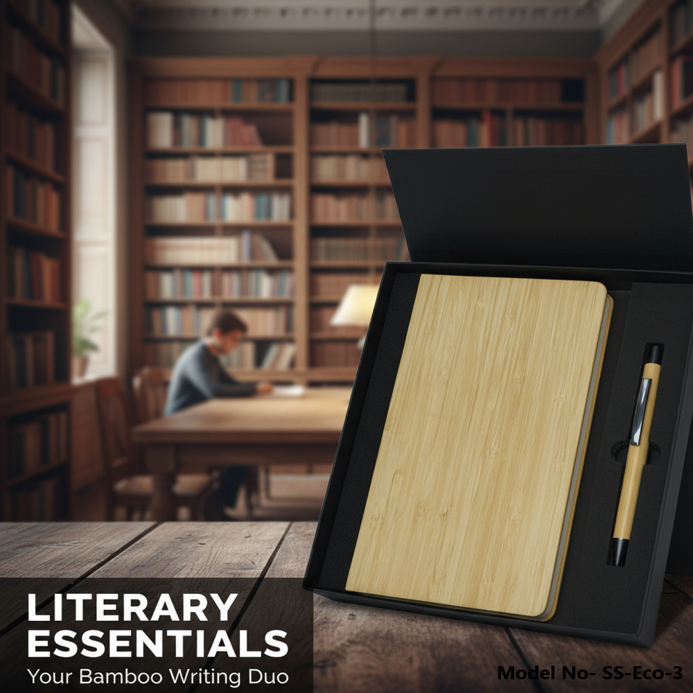 (Ss-Eco-3) Wooden Bamboo Diary & Pen Gift Set - Color: Brown