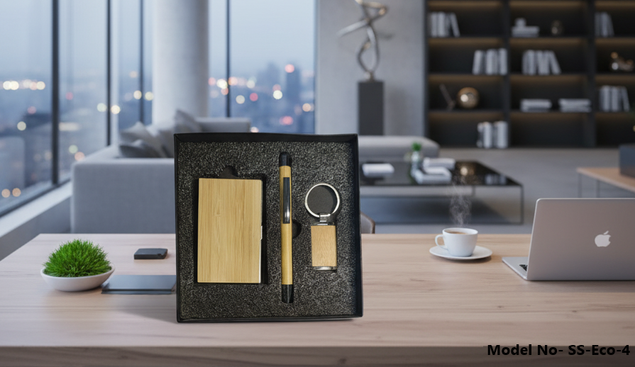 (SS-Eco-4) Wooden Bamboo Card Holder, Pen & Keychain Set