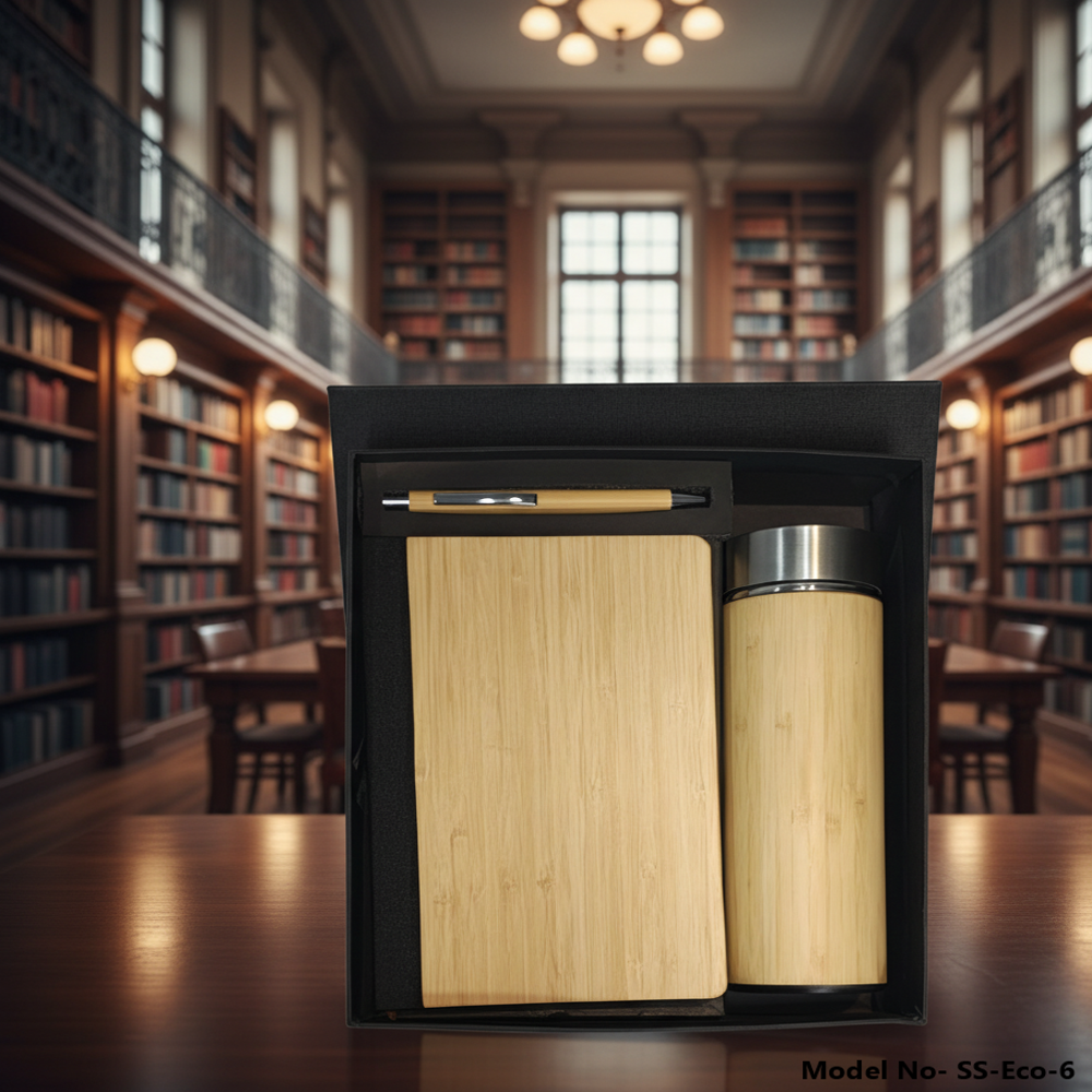 Premium 3-in-1 Eco-friendly Bamboo Gift Set With Notebook, Vacuum Bottle & Pen (ss-eco-6) - Capacity: 500 Milliliter (ml)