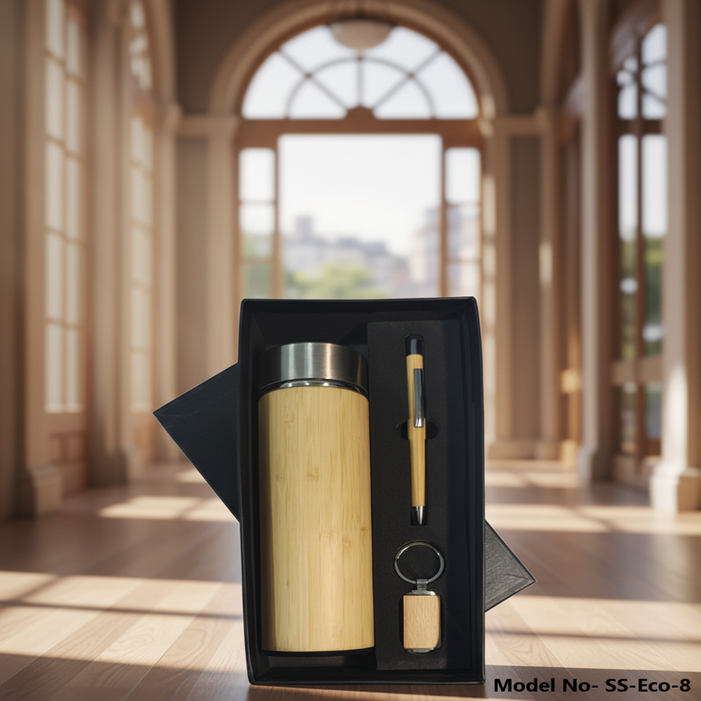 Premium 3-In-1 Eco-Friendly Bamboo Flask Pen & Keychain Corporate Gift Set (Ss Eco-8) - Color: Natural Wooden Brown