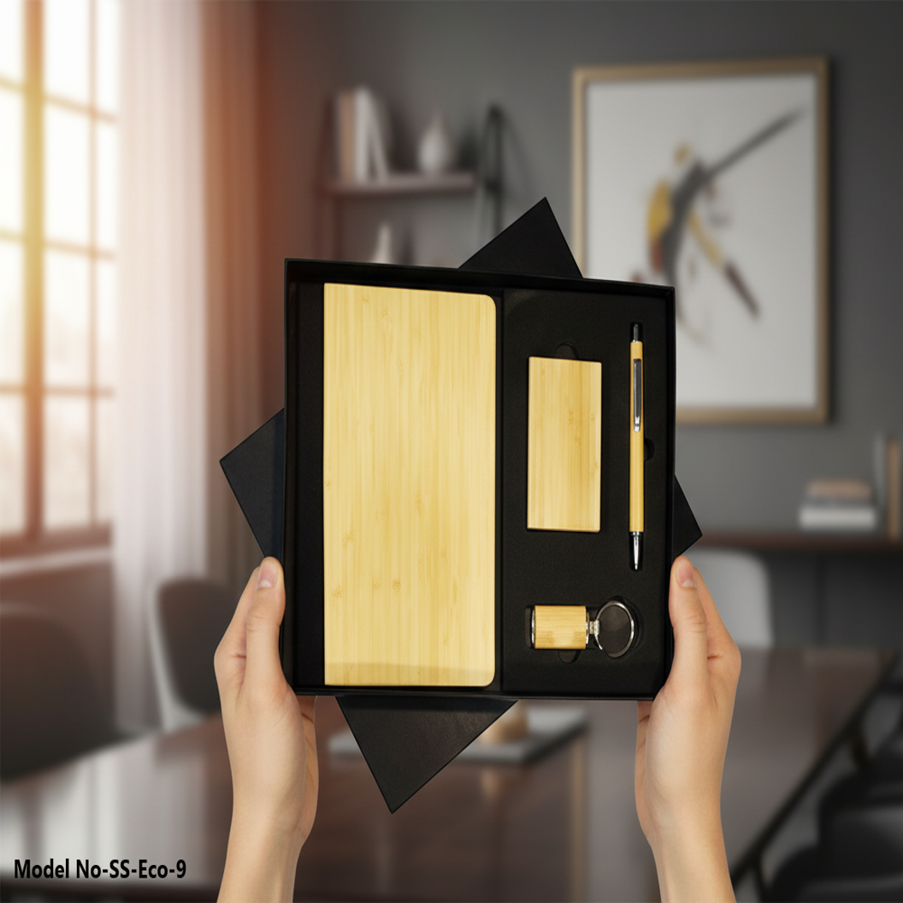 (SS-Eco-9) 4-in-1 Wooden Bamboo Diary, Cardholder, Pen & Keychain Set