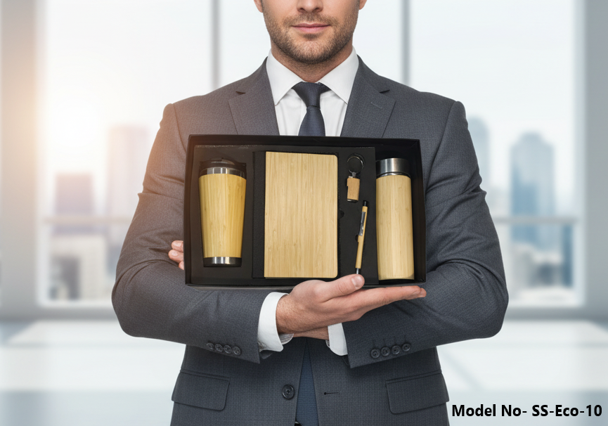 Bamboo 5 In 1 Eco Friendly Gift Set With Wooden Diary And Bottle (Eco-10) - Color: Natural Wood Brown