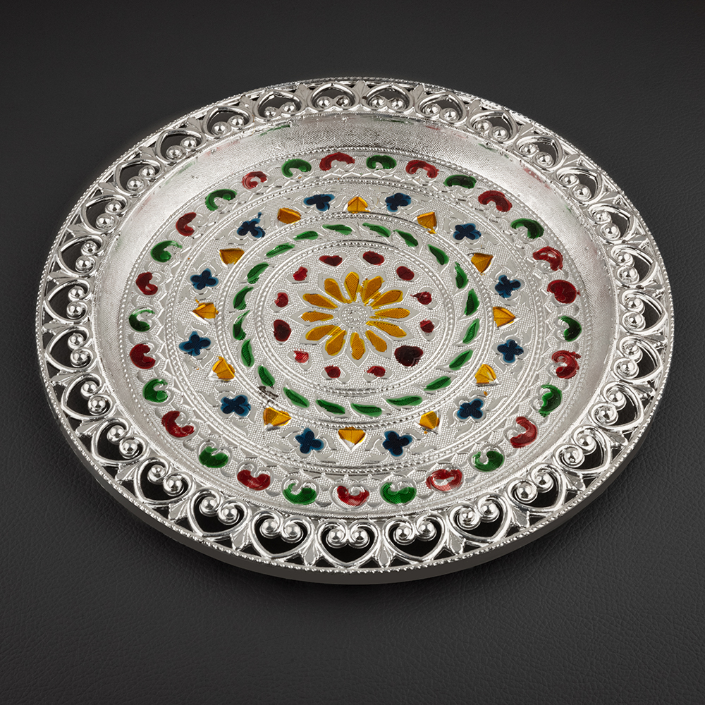 Round Shape Minakari Tray - Color: Silver