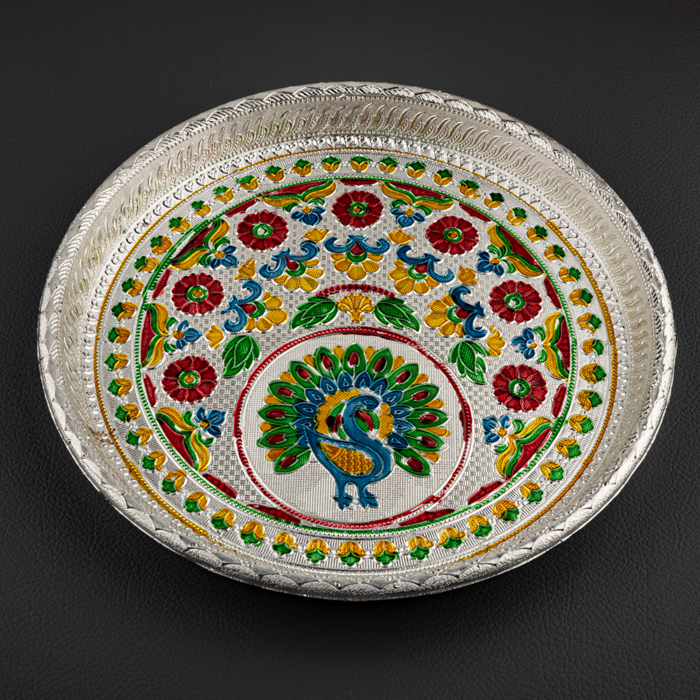 Round Shape Minakari Tray - Color: Silver