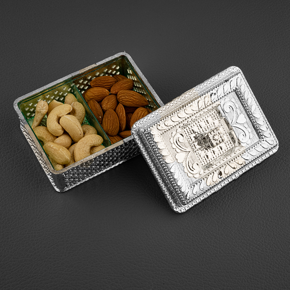 2 Compartment Round Engraved Silver Dryfruit Box
