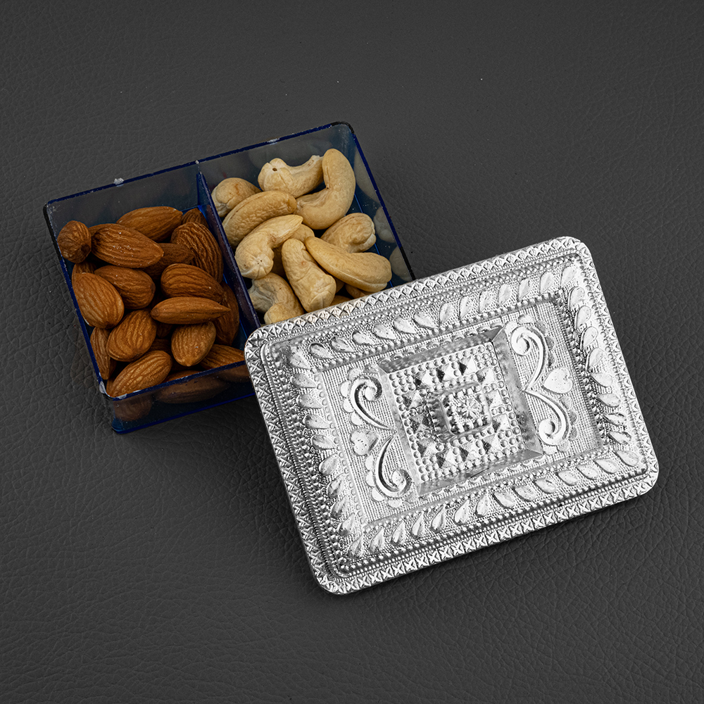 2 Compartment Round Engraved Silver Dryfruit Box