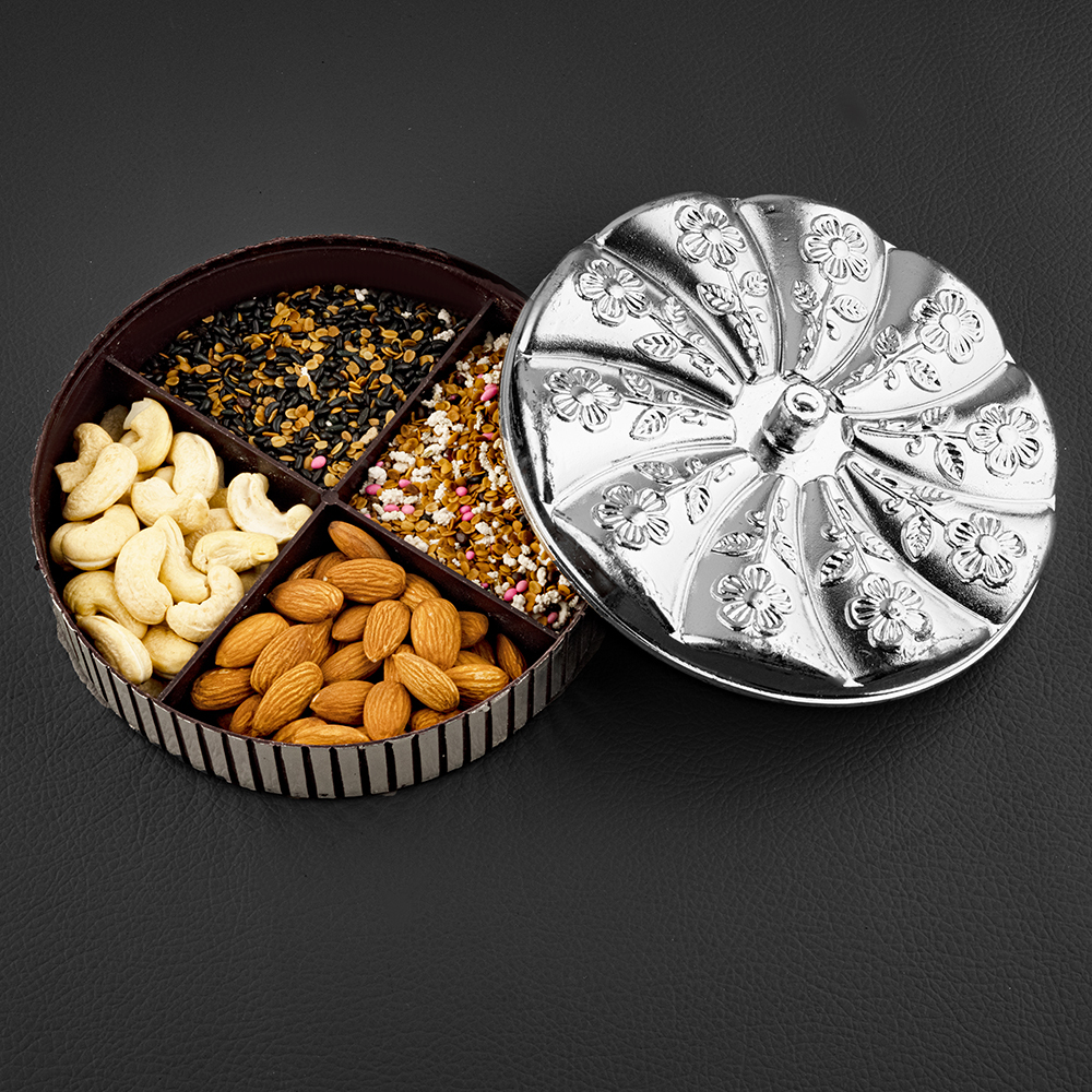 Round Engraved Silver Dryfruit Box