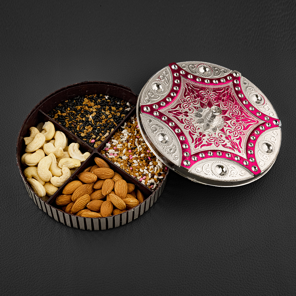 Round Engraved Silver Dryfruit Box
