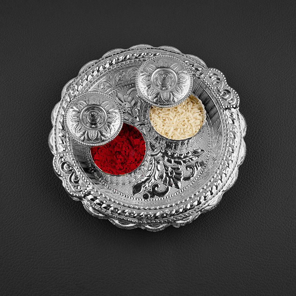 Round Shape Engraved Silver Kankavati Tray