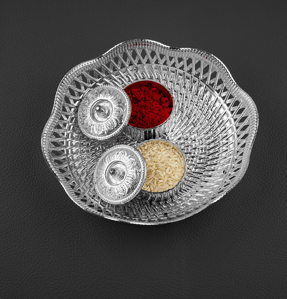 Round Shape Engraved Silver Kankavati Tray