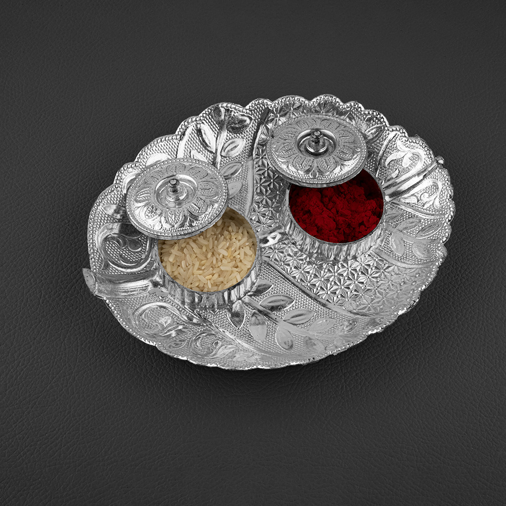 Round Shape Engraved Silver Kankavati Tray