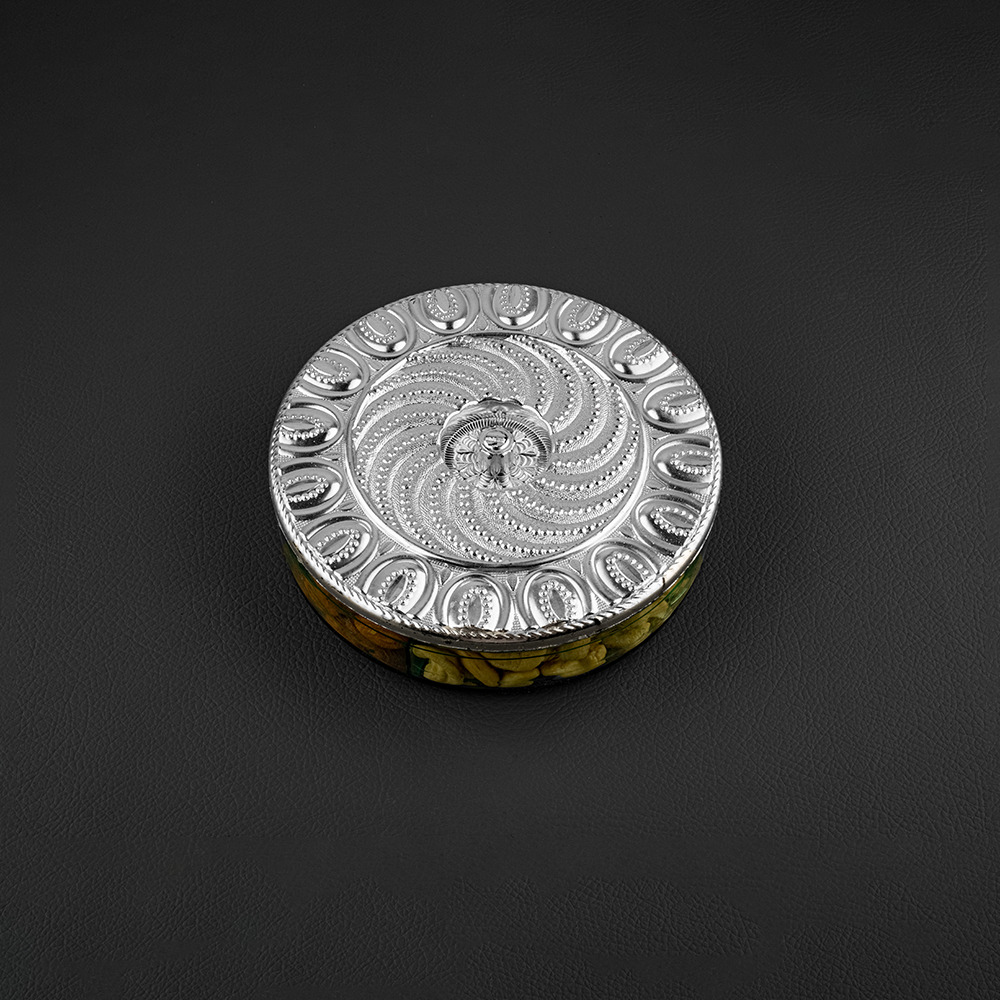 Engraved Round Shape Silver Dryfruit Box