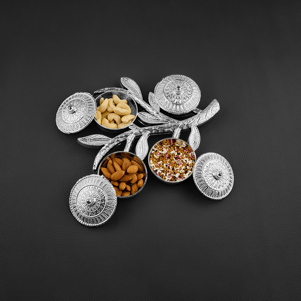 5 Compartment Silver Dryfruit Box - Shape: Round