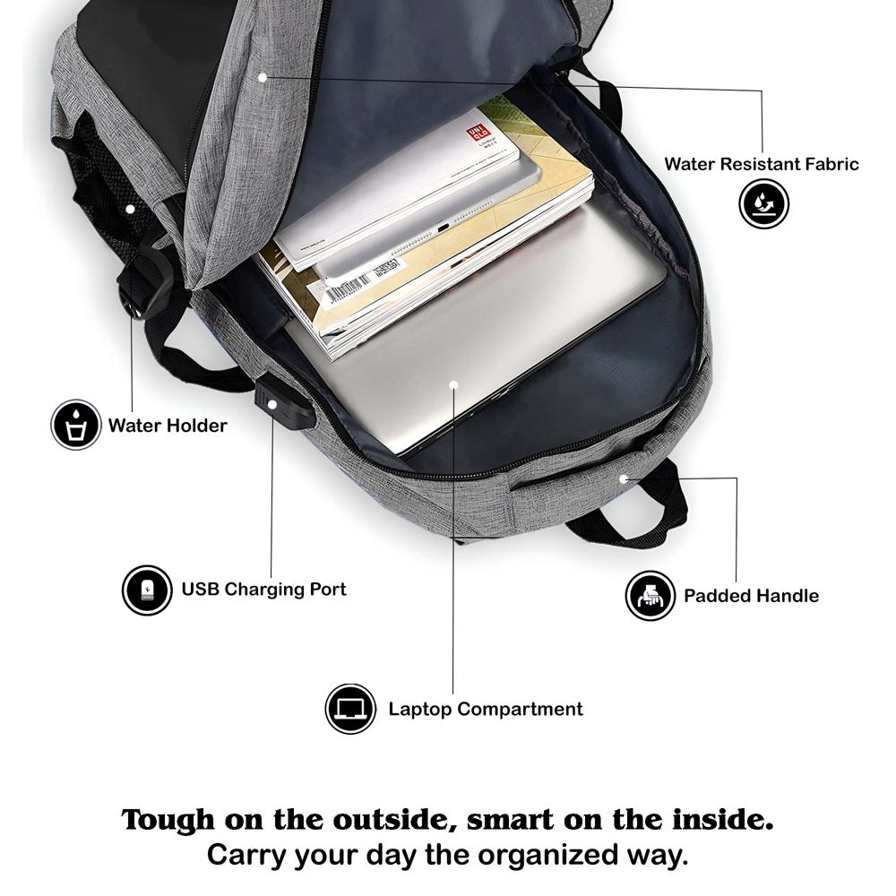 Professional Laptop Backpack with USB Charging Port, Water-Resistant Fabric for Office, College & Travel (Grey)
