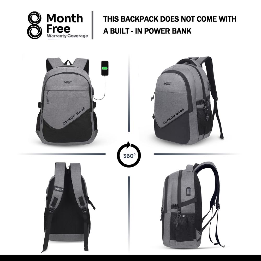 Professional Laptop Backpack with USB Charging Port, Water-Resistant Fabric for Office, College & Travel (Grey)