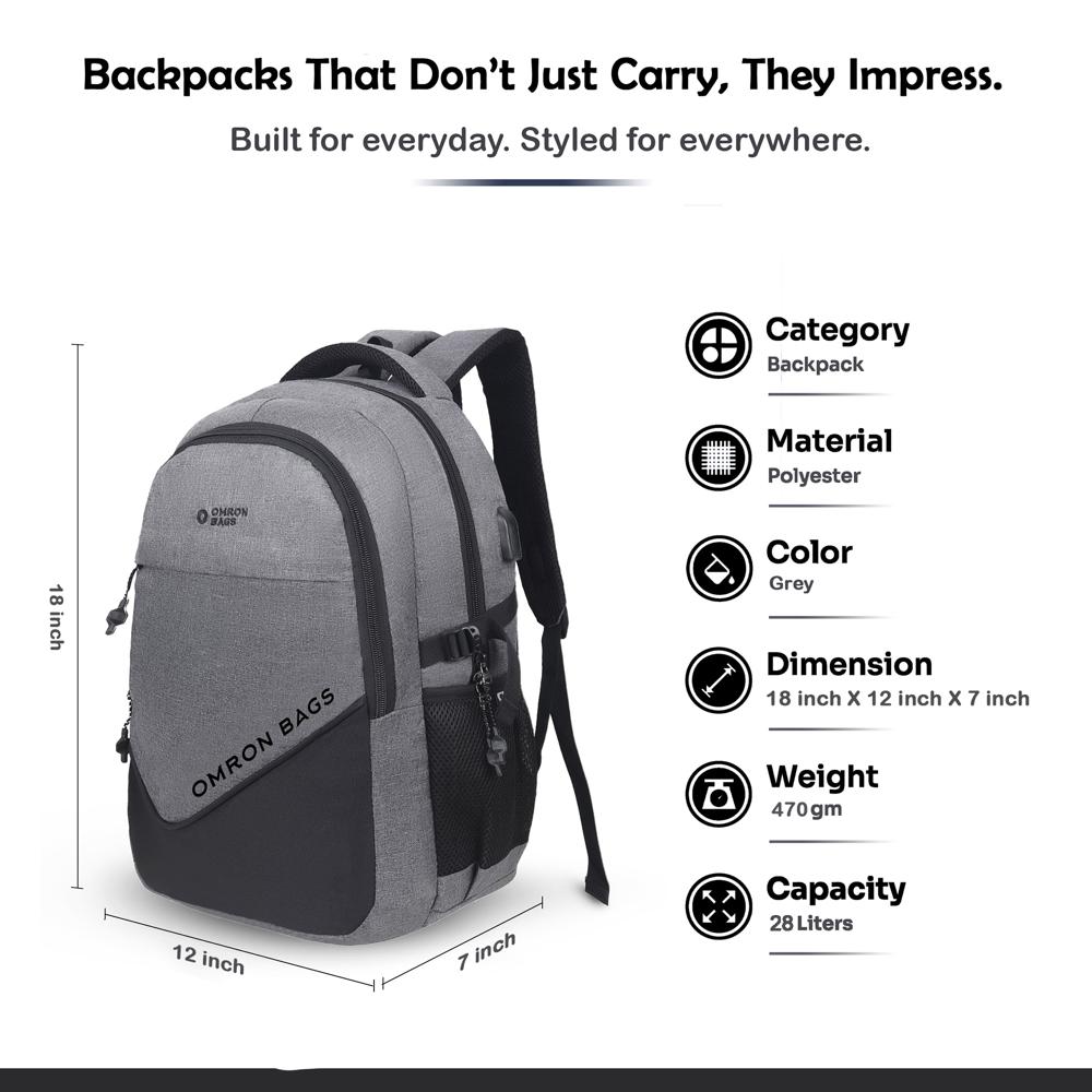 Professional Laptop Backpack with USB Charging Port, Water-Resistant Fabric for Office, College & Travel (Grey)