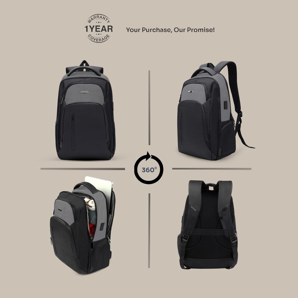 Business Smart Backpack Water-Resistant fit 15.6 Inch Laptop Backpack with USB Charging Port, Travel Durable Backpack for Men and Women (Black&Grey)
