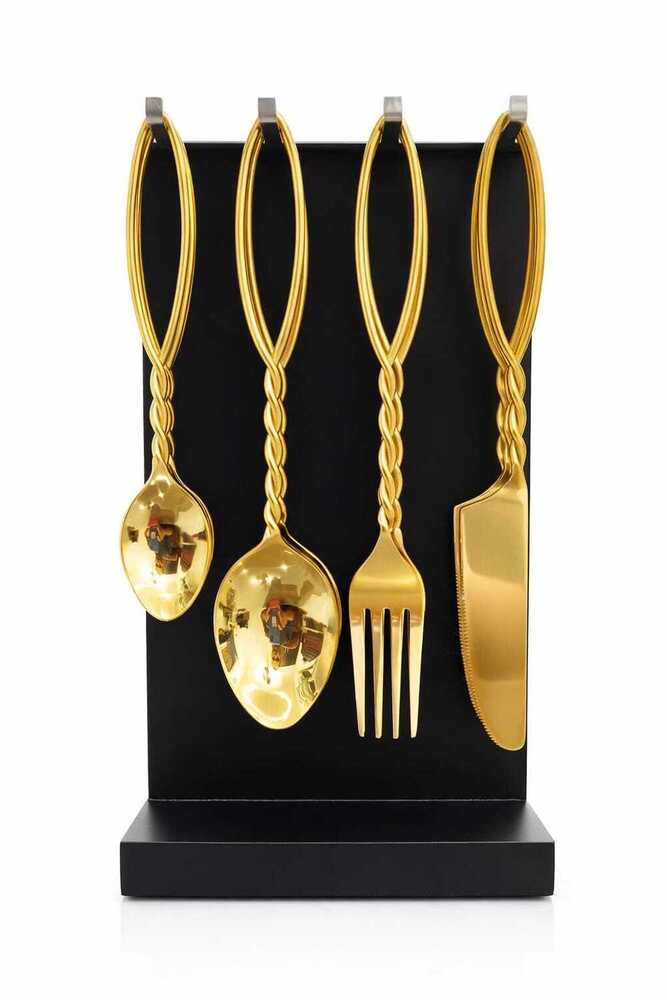 Ss Cutlery Set Of 24 Rope Handle  With Stand - Color: Golden