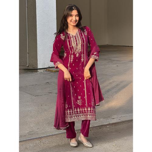 Pink Velvet Embellished Gold Printed Straight Kurta Set