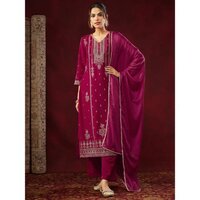 Pink Velvet Embellished Gold Printed Straight Kurta Set