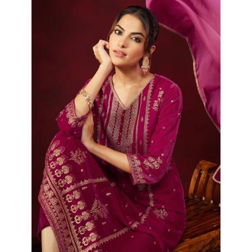 Pink Velvet Embellished Gold Printed Straight Kurta Set