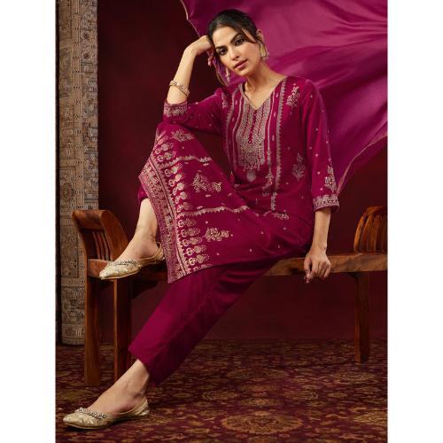 Pink Velvet Embellished Gold Printed Straight Kurta Set
