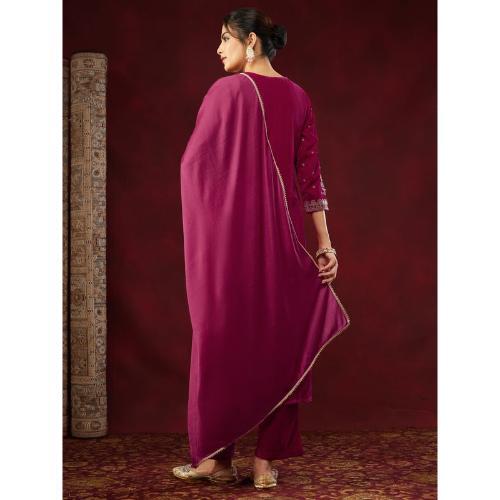 Pink Velvet Embellished Gold Printed Straight Kurta Set