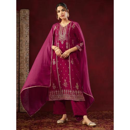 Pink Velvet Embellished Gold Printed Straight Kurta Set