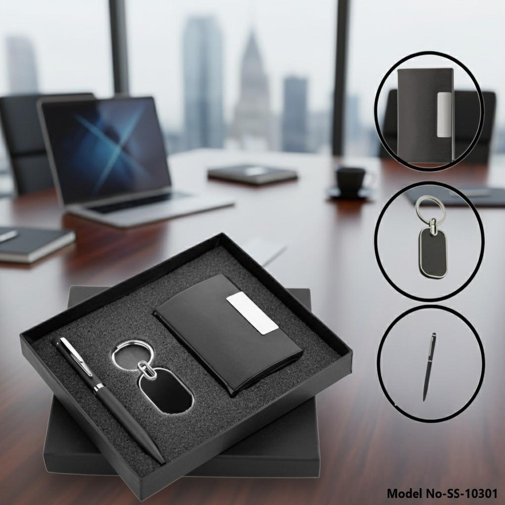 3-In-1 Executive Corporate Gift Set With Metal Pen, Visiting Card Holder & Keychain (Ss-10301) - Color: Black